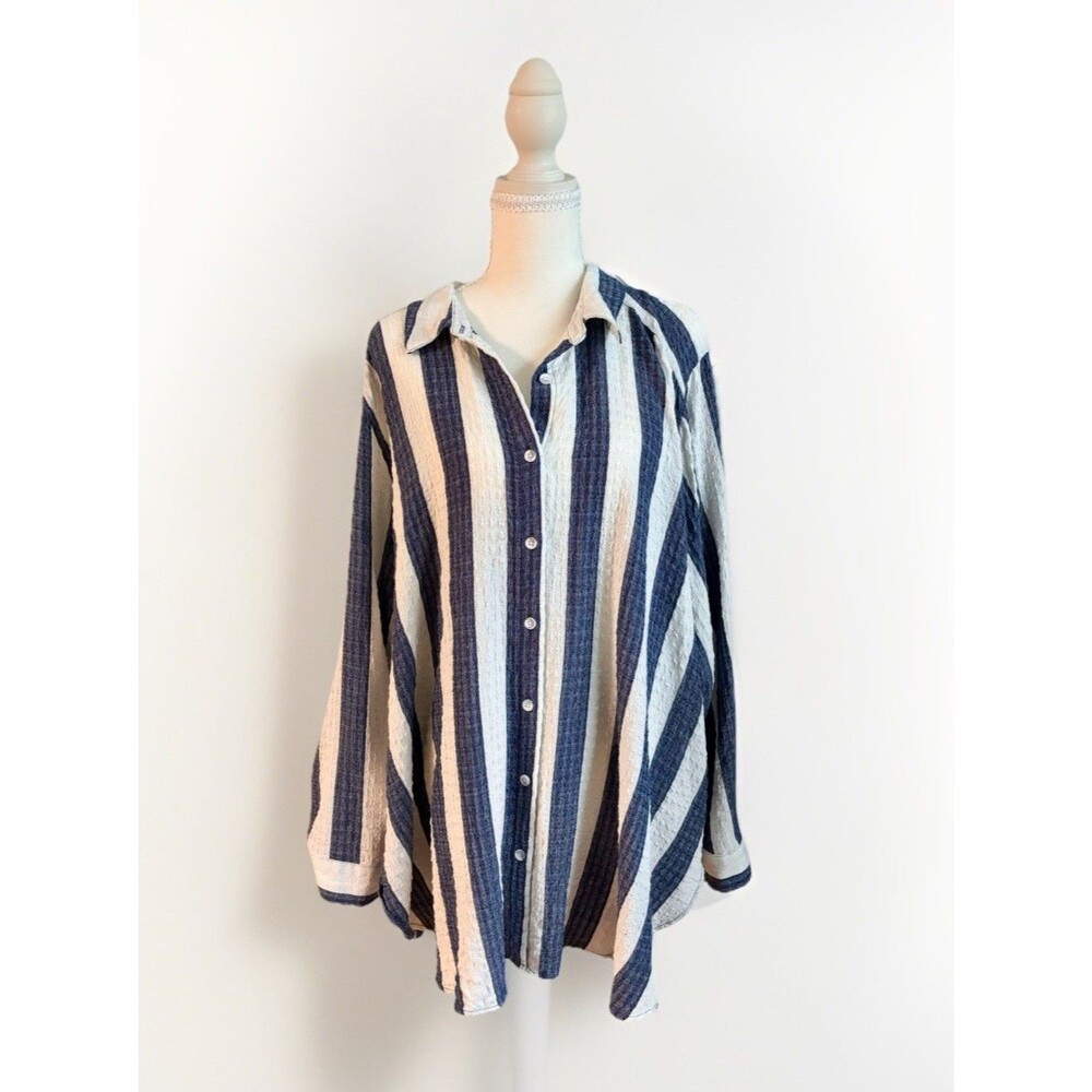 Coastal Jane + Delancey Blue White Stripe Crinkle Button Shirt Oversized Boho 2X